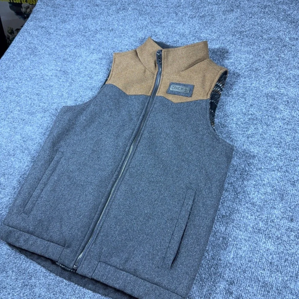 Cinch Wool Blend Western Vest Gray Tan Youth Large Full Zip Outerwear
